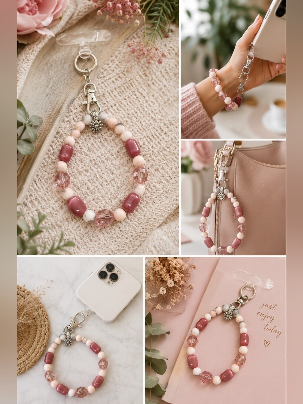 Handmade Beaded Wrist Phone Lanyard Keychain Bracelet Pink Cat's Eye Crystal